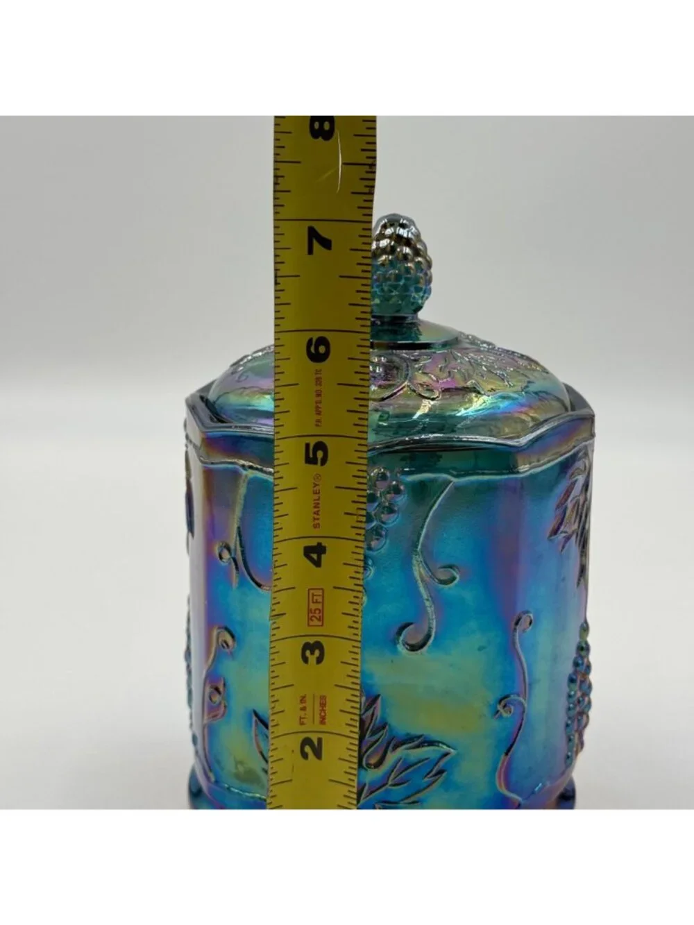 Vintage Carnival Glass Covered Candy Jar Grape & Leaf Design Pinecone Lid